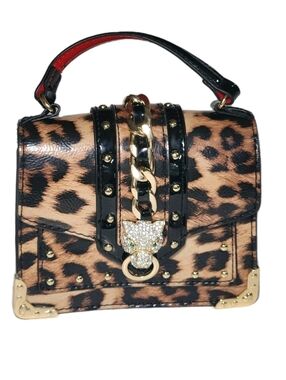 Aldo Mini Minibaro Satchel Purse Leopard Print Rhinestone Animal Head Gold Chain